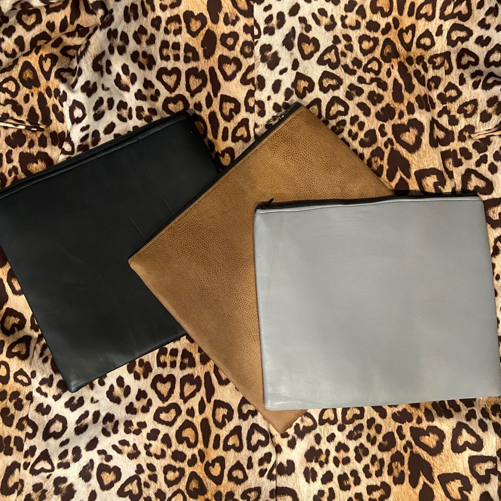 Chic Faux Leather Clutch Trio - Black, Brown, Gray
( fairly large in size )